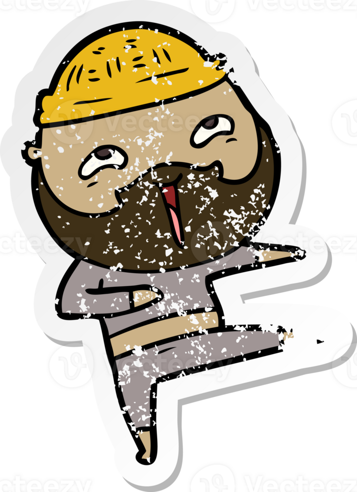 distressed sticker of a cartoon happy bearded man png