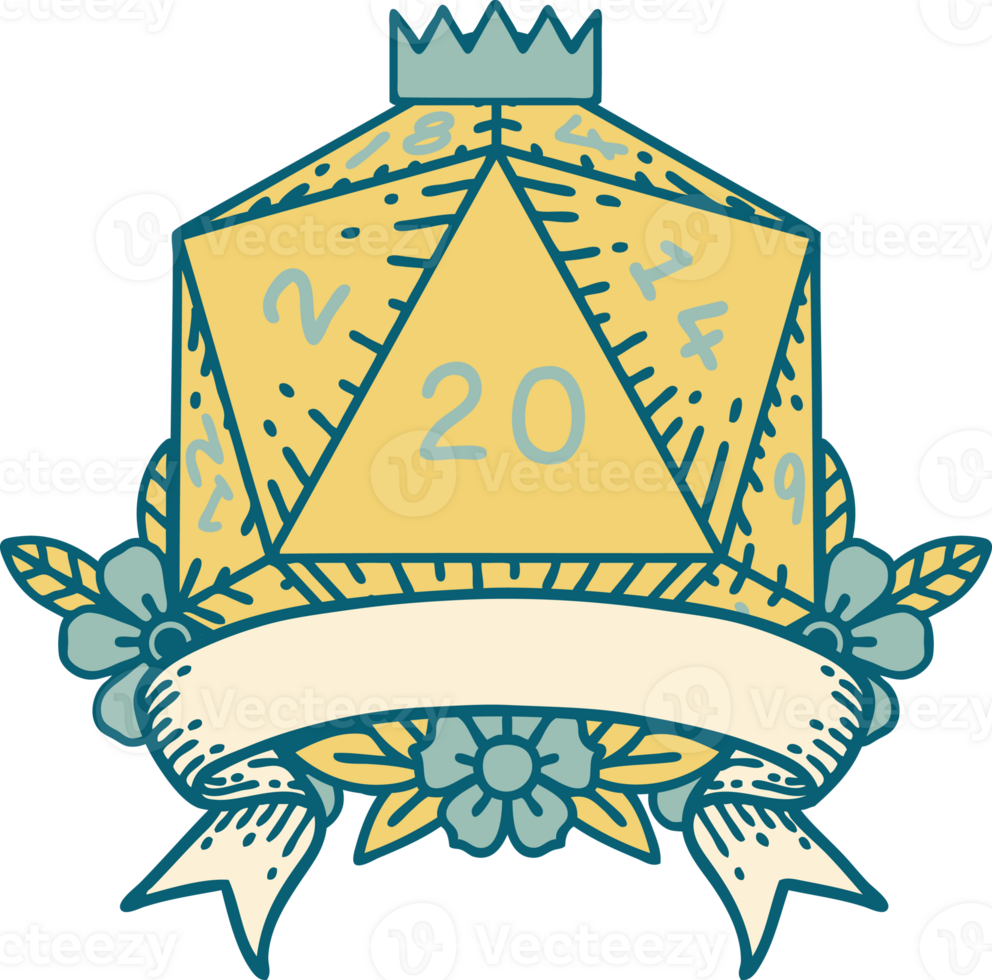 Retro Tattoo Style natural 20 critical hit D20 dice roll png
