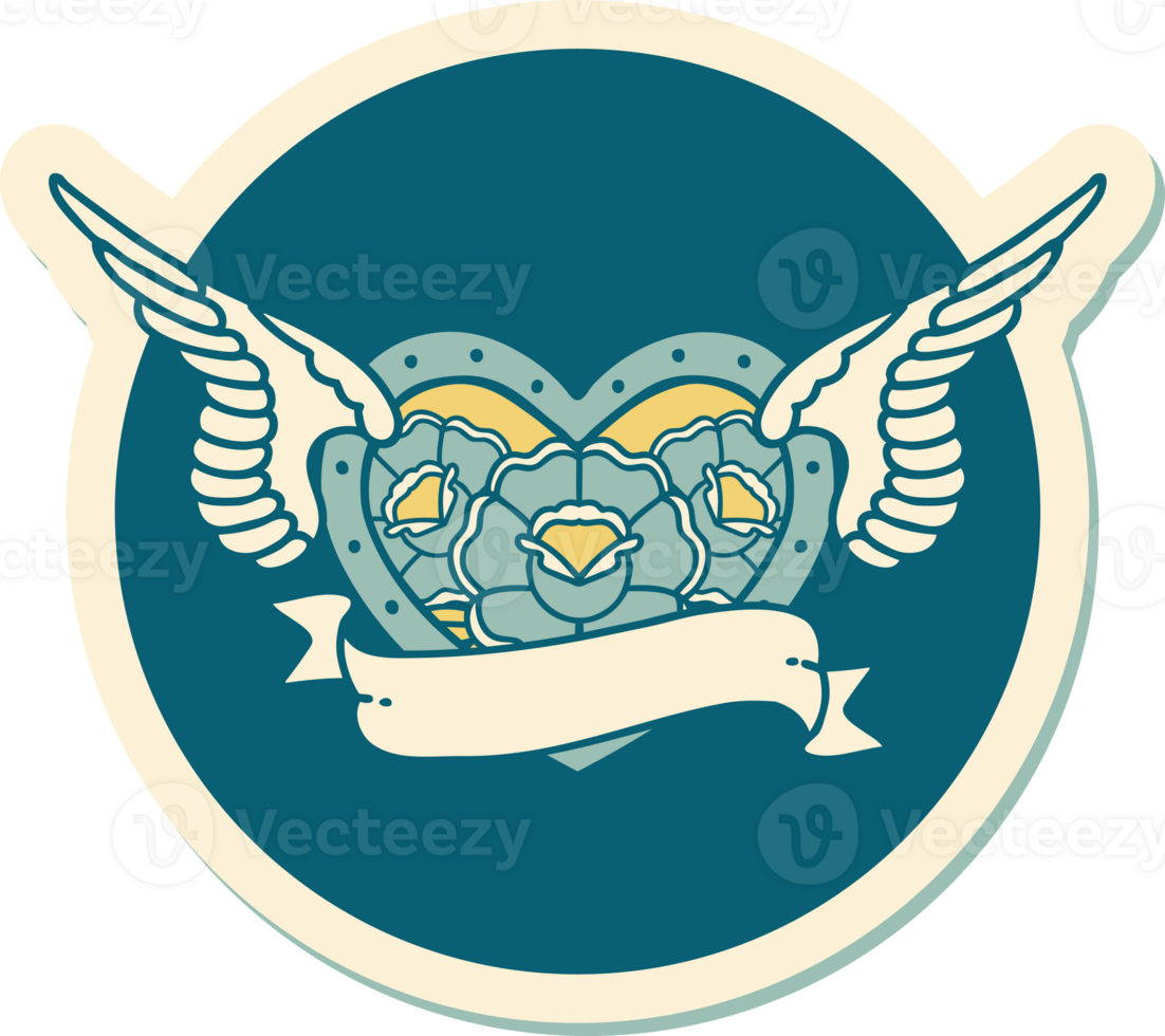 sticker of tattoo in traditional style of a flying heart with flowers and banner png
