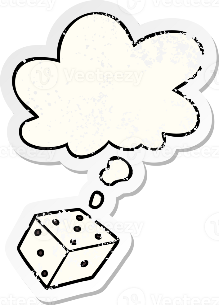 cartoon dice with thought bubble as a distressed worn sticker png
