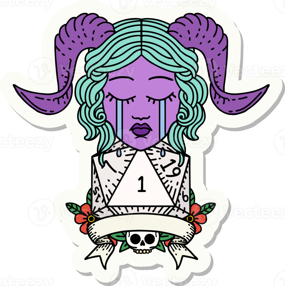 sticker of a crying tiefling face with natural 1 D20 Dice png