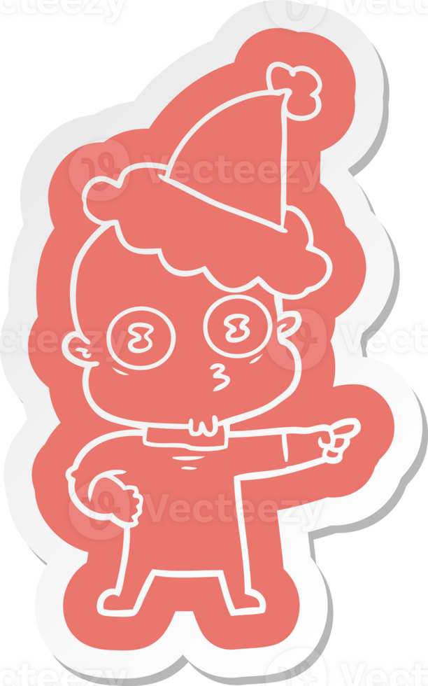 quirky cartoon  sticker of a weird bald spaceman wearing santa hat png