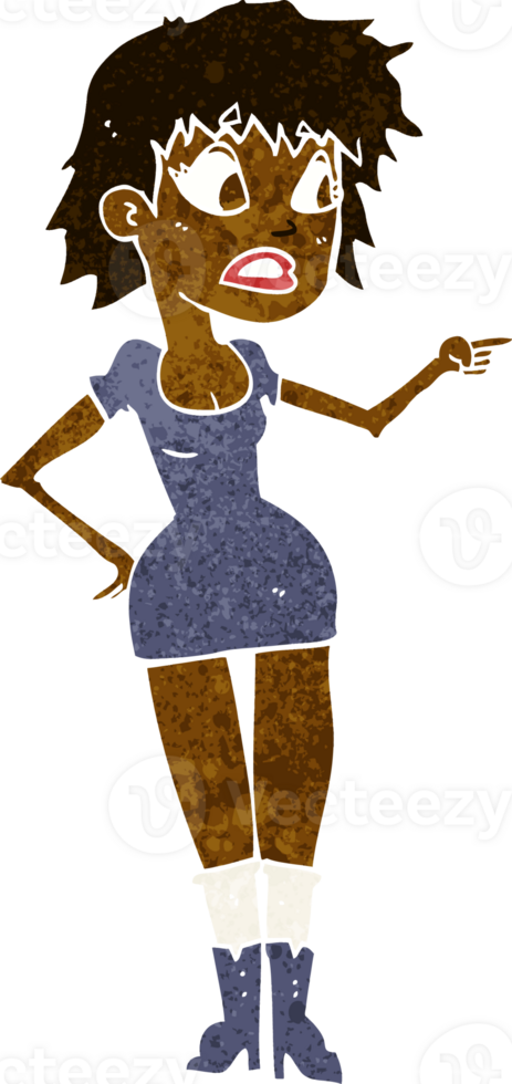 cartoon worried woman in dress pointing png