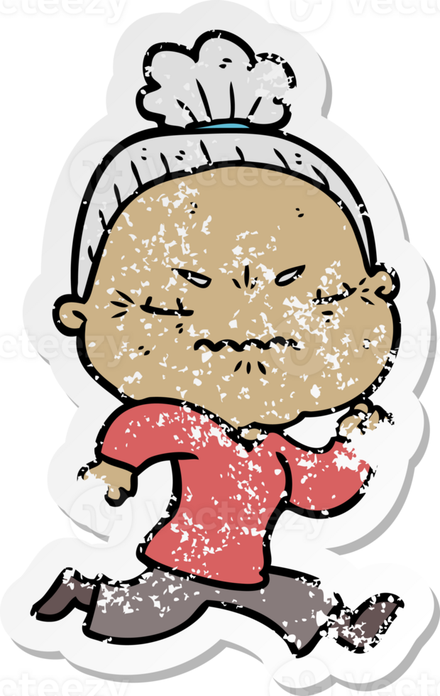 distressed sticker of a cartoon annoyed old lady png