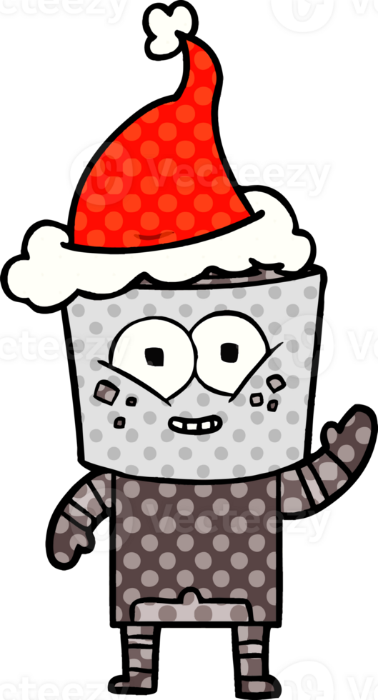 happy hand drawn comic book style illustration of a robot waving hello wearing santa hat png