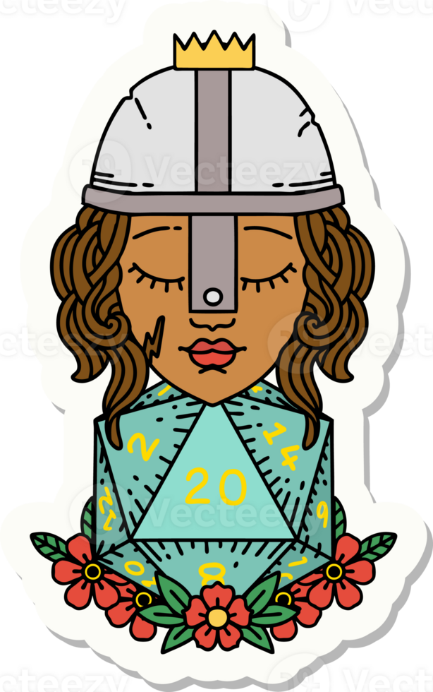 sticker of a human fighter with natural 20 D20 dice roll png