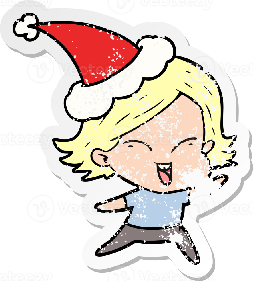 happy hand drawn distressed sticker cartoon of a girl wearing santa hat png