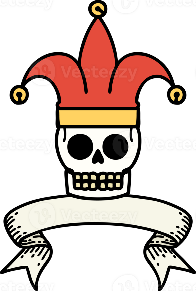 traditional tattoo with banner of a skull jester png