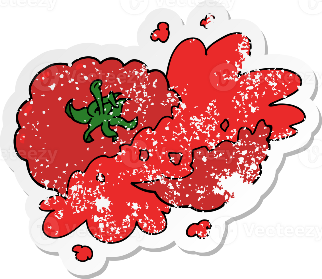distressed sticker of a cartoon squashed tomato png