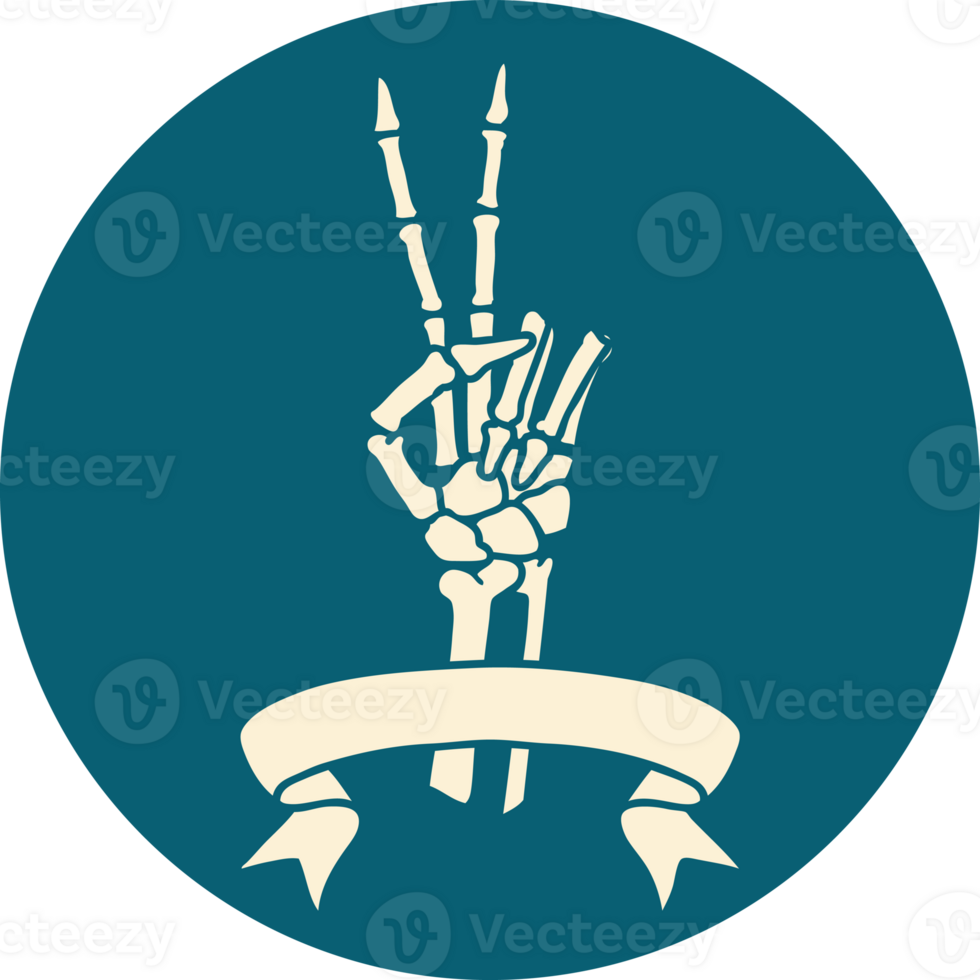 tattoo style icon with banner of a skeleton giving a peace sign png