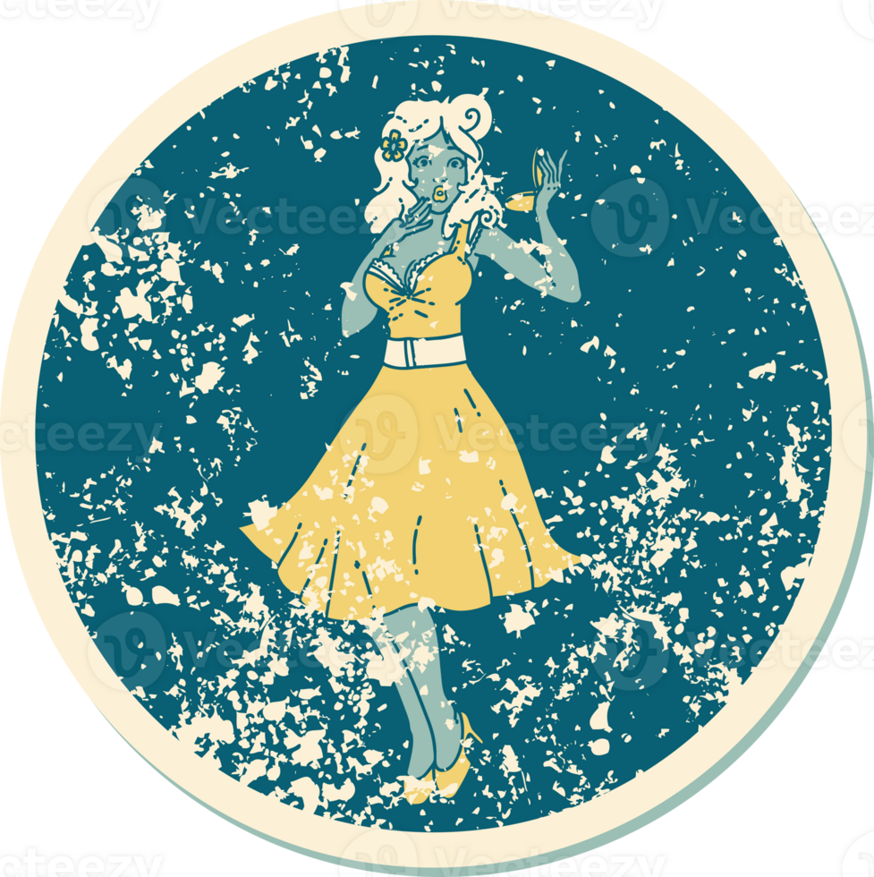 iconic distressed sticker tattoo style image of a pinup surprised girl png