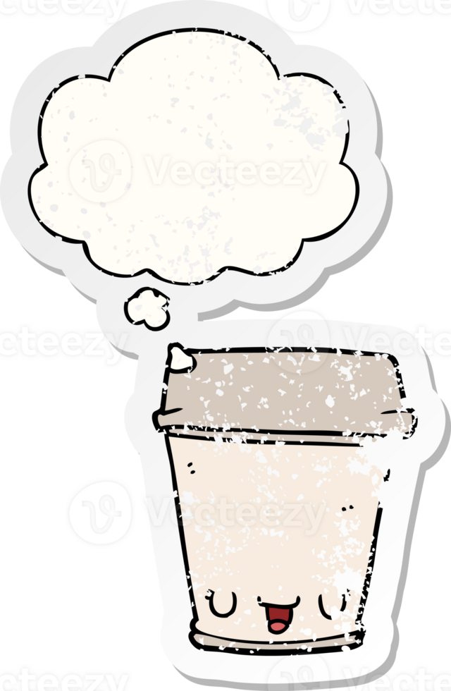 cartoon coffee cup with thought bubble as a distressed worn sticker png