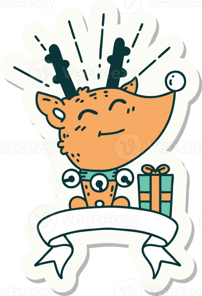 sticker of a tattoo style christmas reindeer with present png