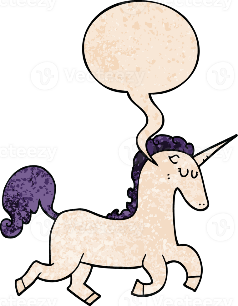 cartoon unicorn with speech bubble in retro texture style png