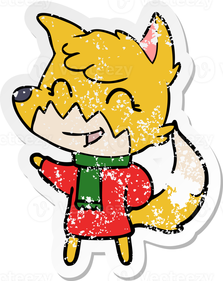 distressed sticker of a happy cartoon fox png