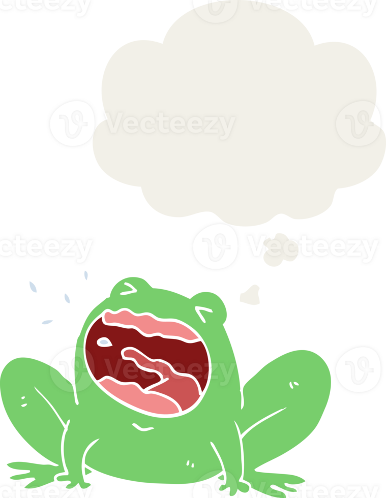 cartoon frog shouting with thought bubble in retro style png