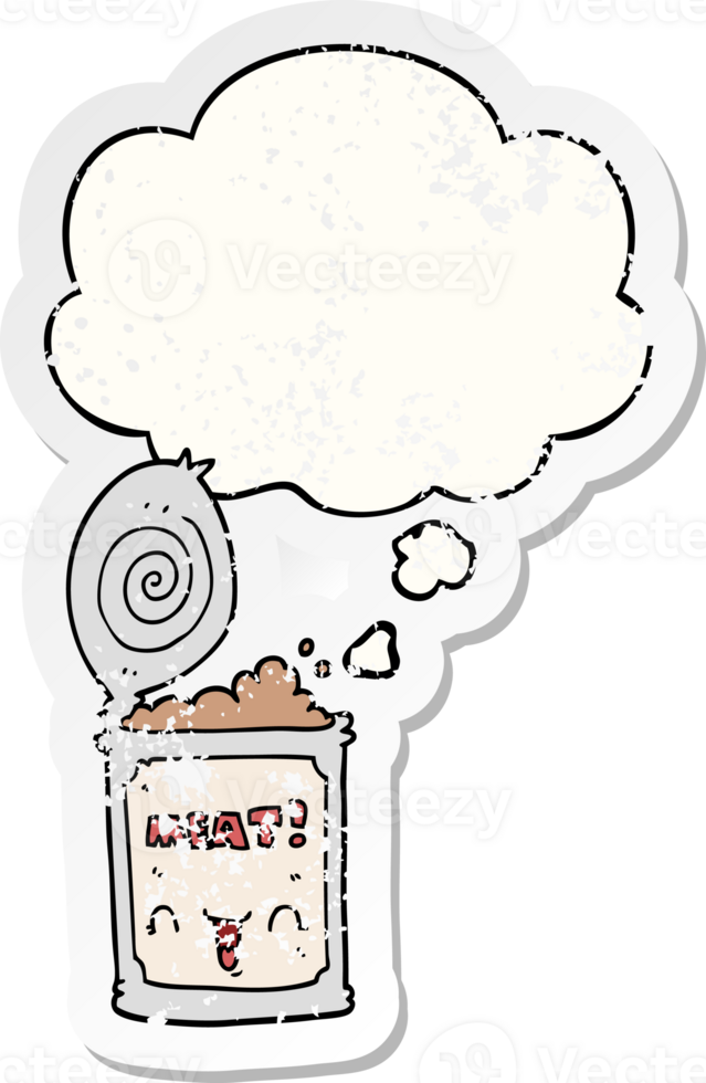 cartoon canned meat with thought bubble as a distressed worn sticker png