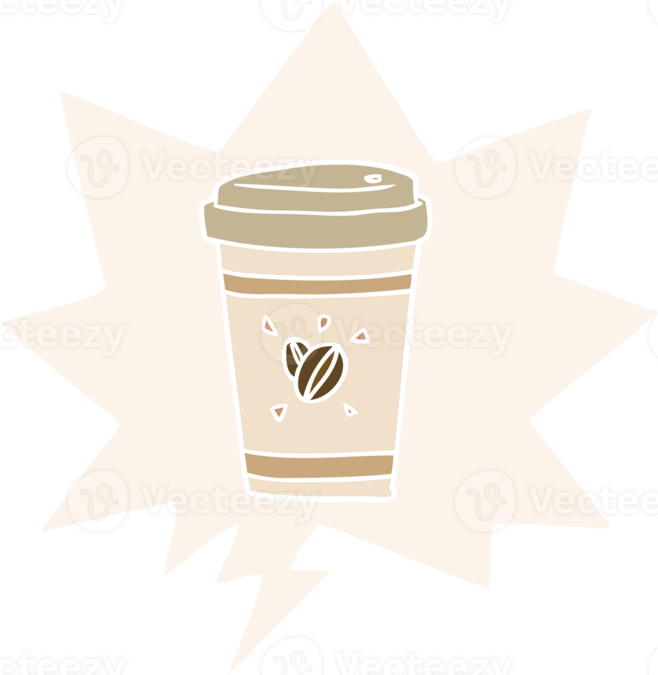 cartoon cup of takeout coffee with speech bubble in retro style png