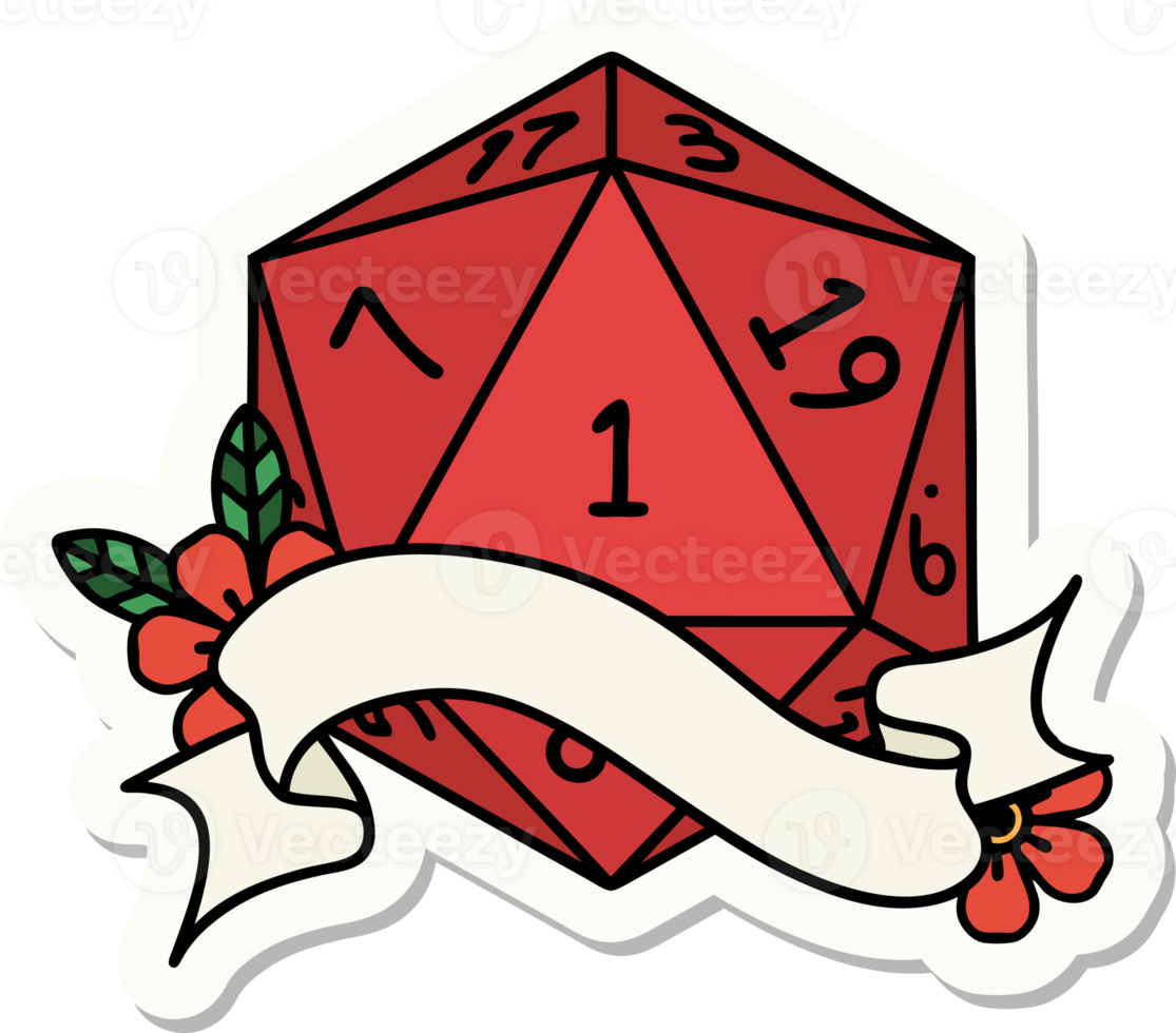 sticker of a natural one d20 dice roll png