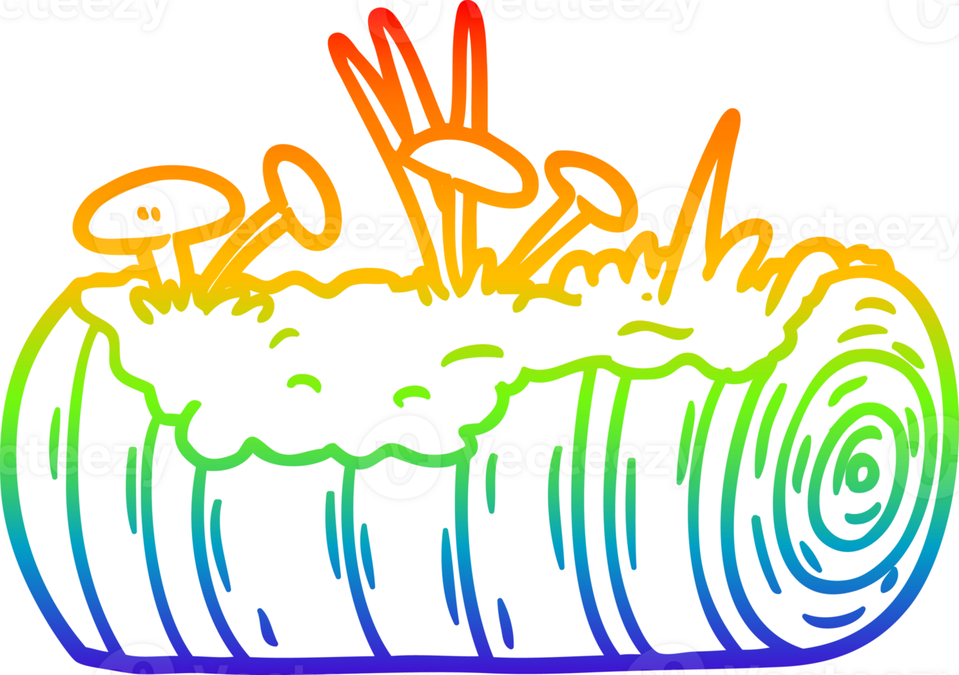 rainbow gradient line drawing of a cartoon old log with mushrooms png