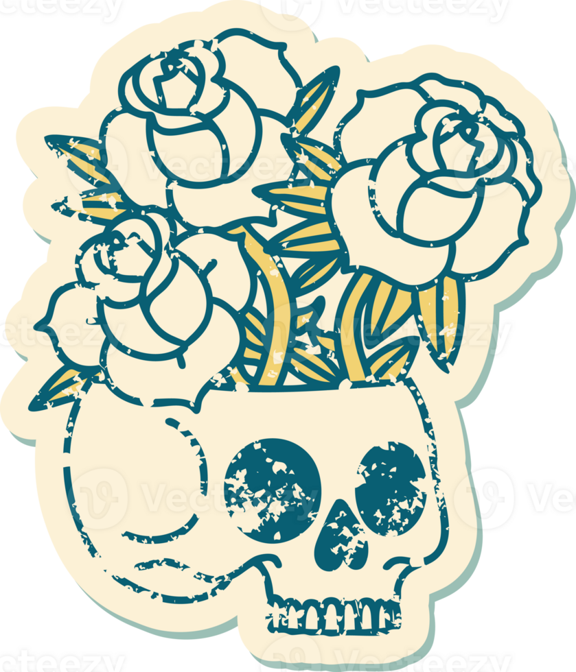 iconic distressed sticker tattoo style image of a skull and roses png