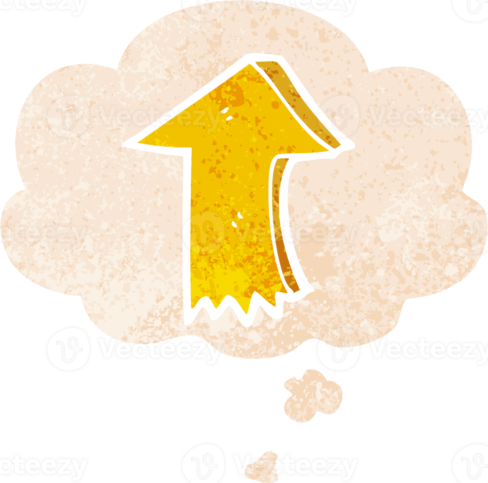 cartoon pointing arrow with thought bubble in grunge distressed retro textured style png