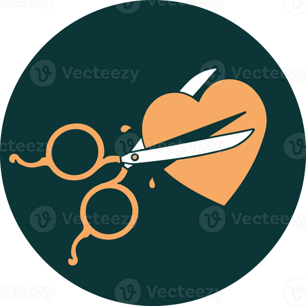 iconic tattoo style image of scissors cutting a heart png
