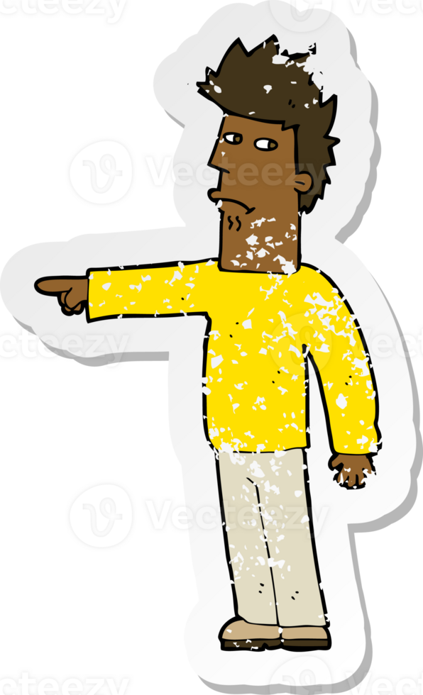 retro distressed sticker of a cartoon man pointing png