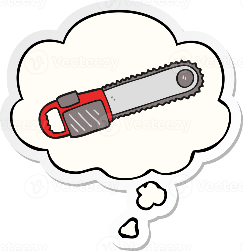 cartoon chainsaw with thought bubble as a printed sticker png