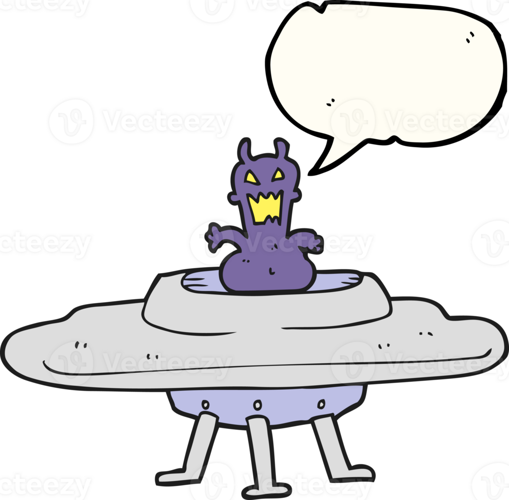 hand drawn speech bubble cartoon alien in flying saucer png
