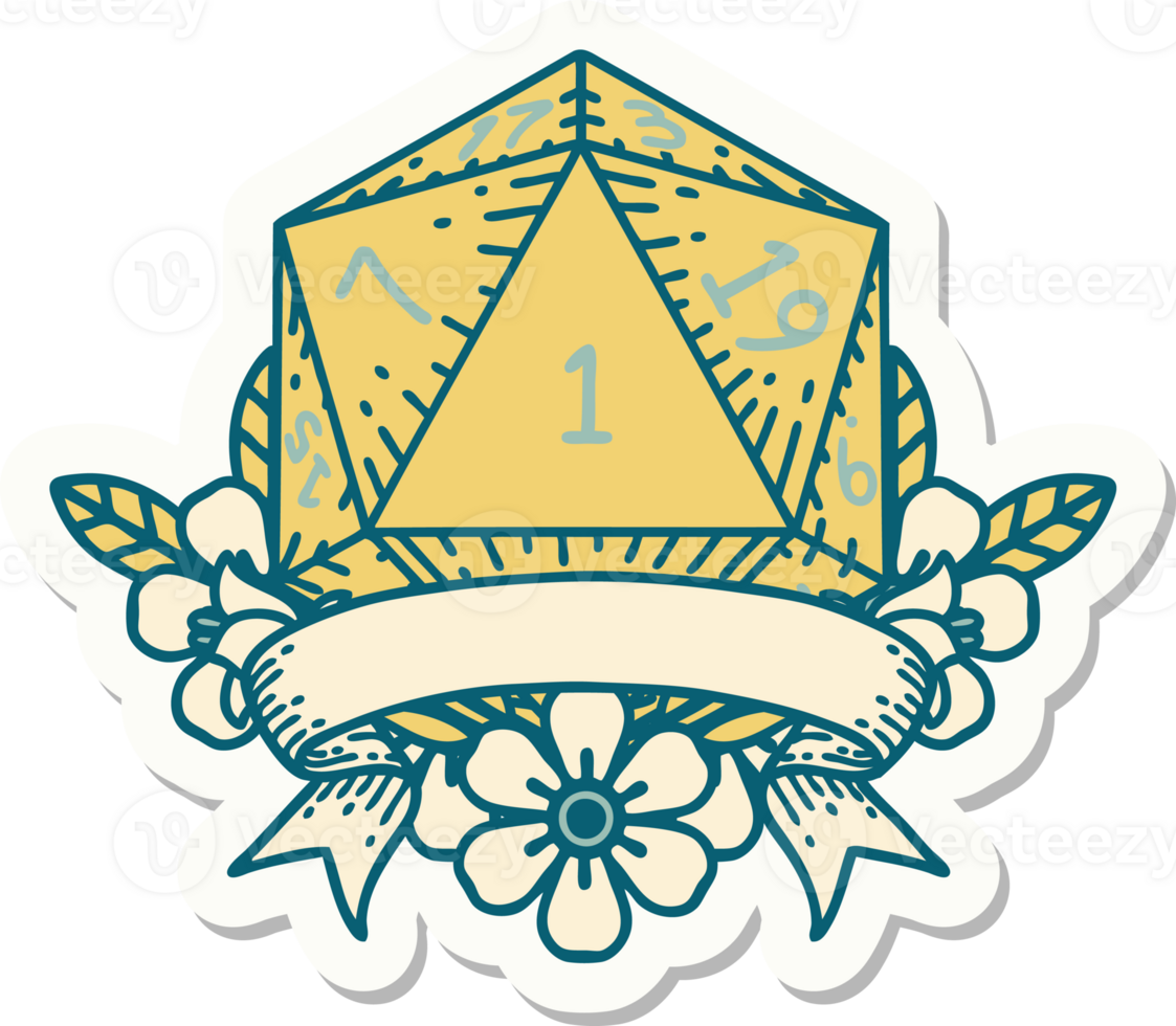 sticker of a natural one d20 dice roll png