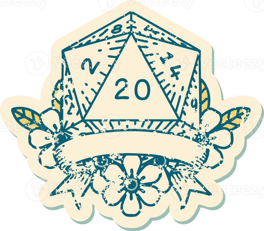 Retro Tattoo Style natural 20 critical hit D20 dice roll png