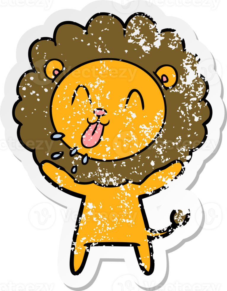 distressed sticker of a happy cartoon lion png