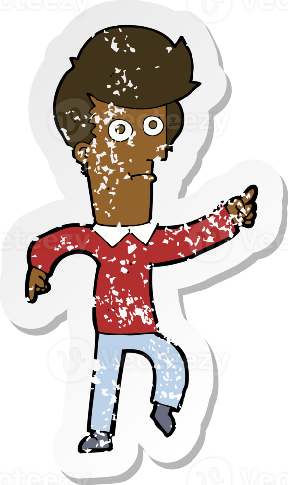 retro distressed sticker of a cartoon man pointing png