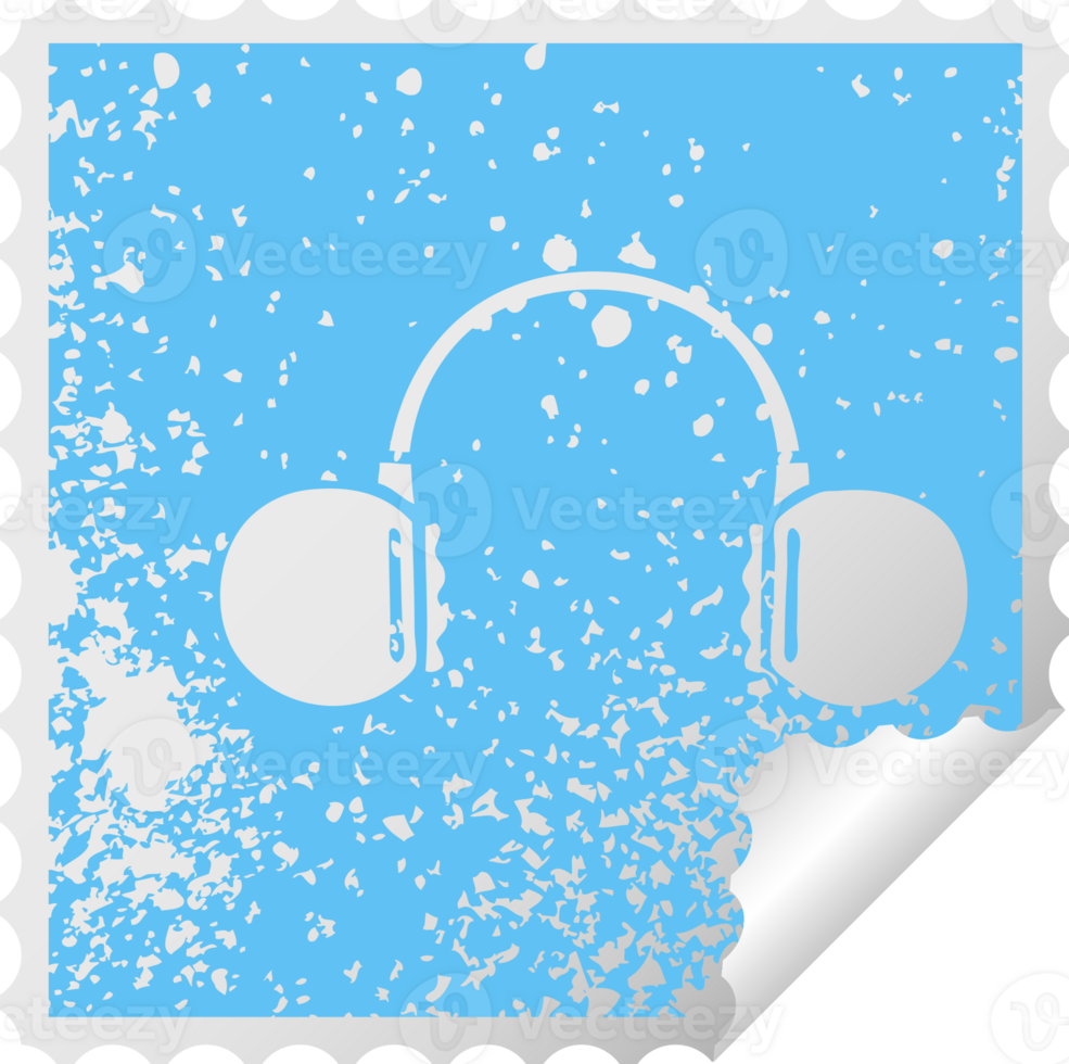 distressed square peeling sticker symbol of a retro headphone png