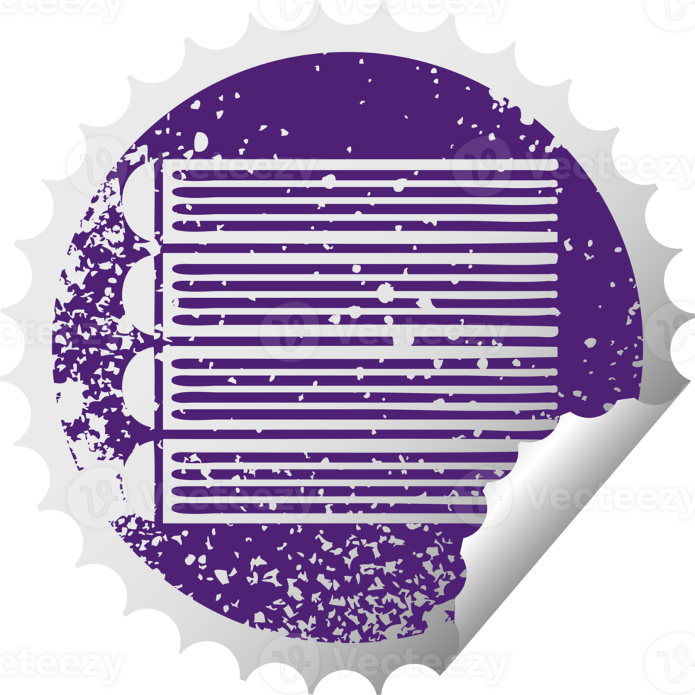 distressed circular peeling sticker symbol of a stack of books png