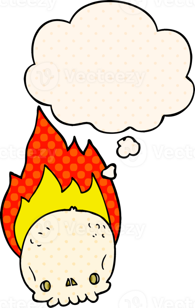 spooky cartoon flaming skull with thought bubble in comic book style png