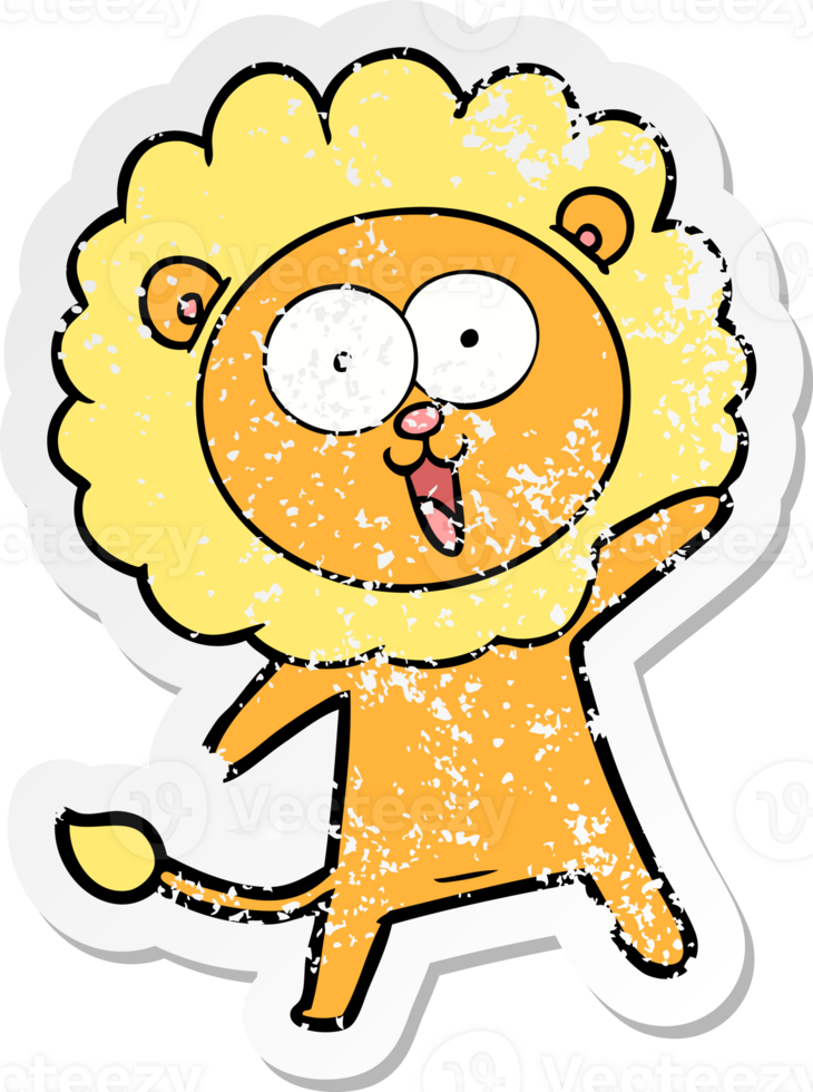 distressed sticker of a happy cartoon lion png