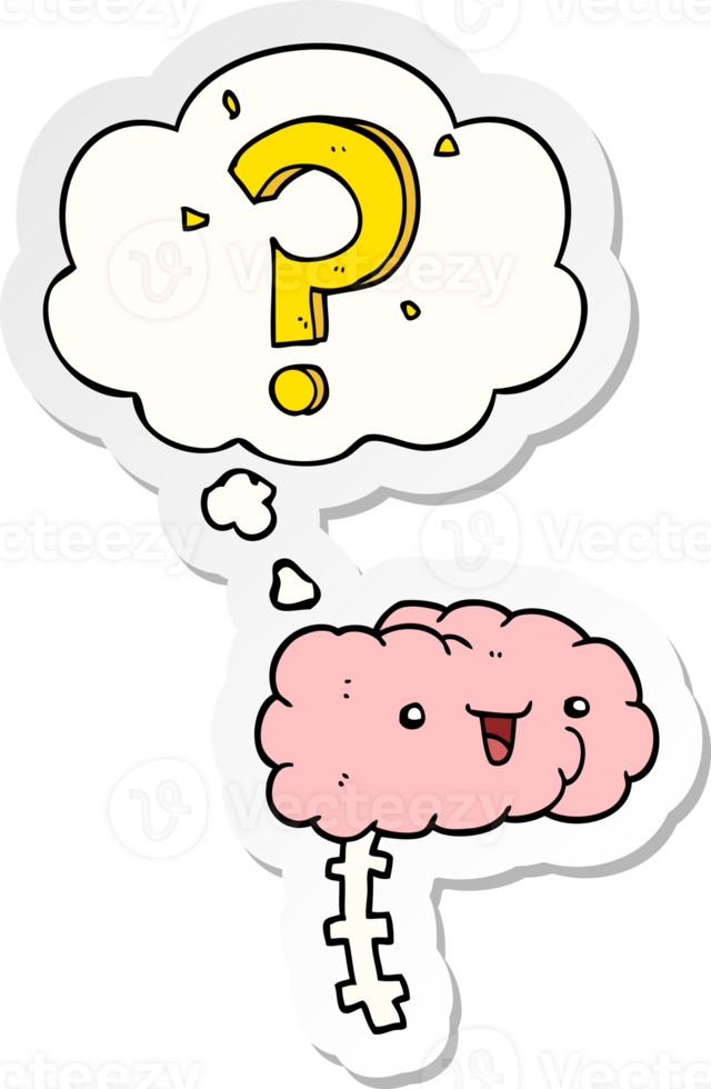 cartoon curious brain with thought bubble as a printed sticker png