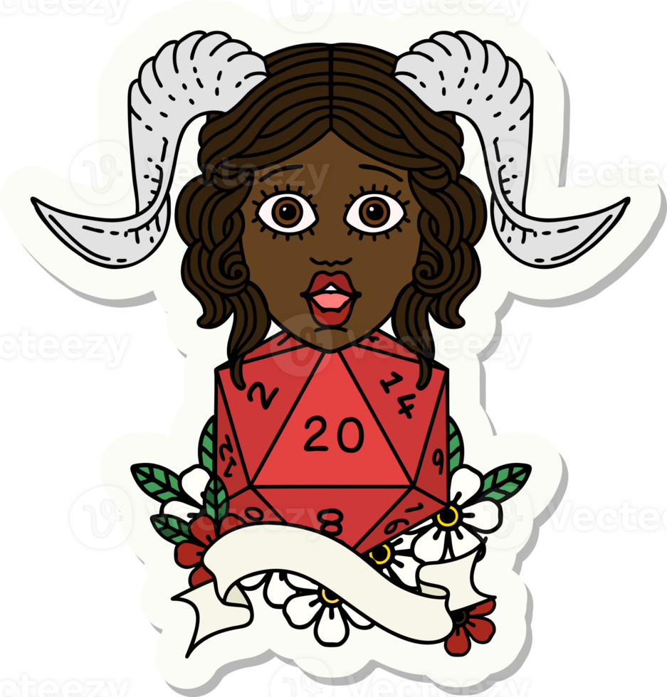 sticker of a tiefling with natural twenty dice roll png