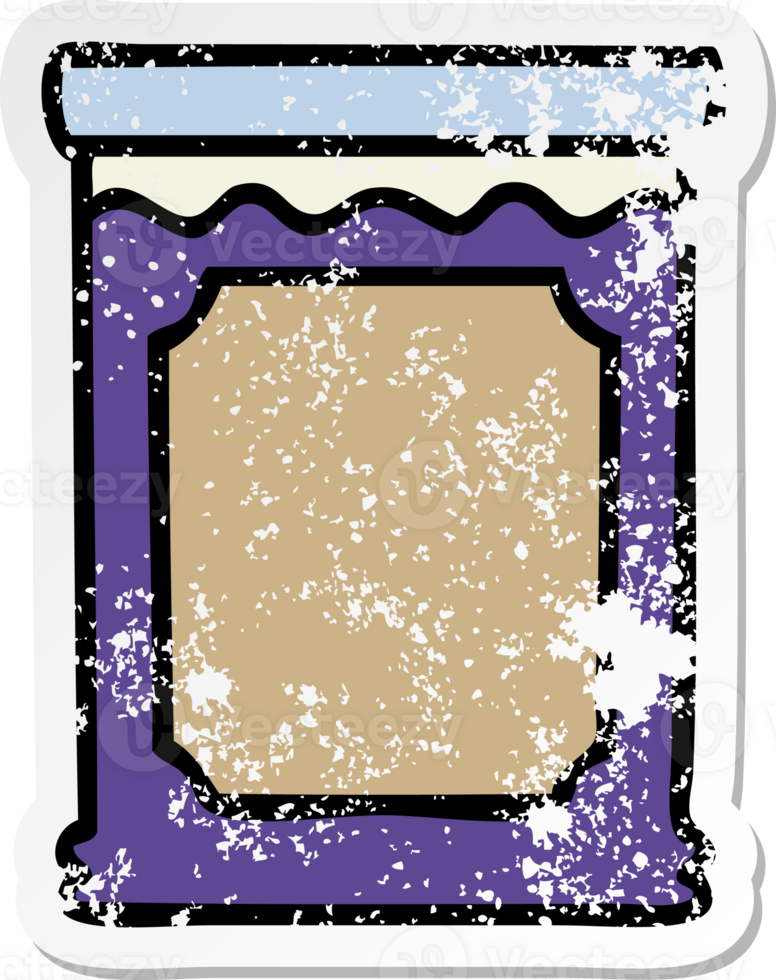 distressed sticker of a quirky hand drawn cartoon jar of jam png