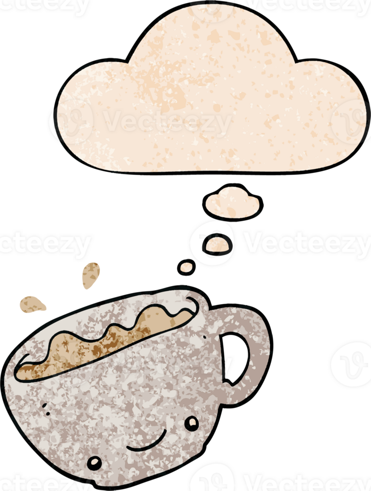 cartoon cup of coffee with thought bubble in grunge texture style png