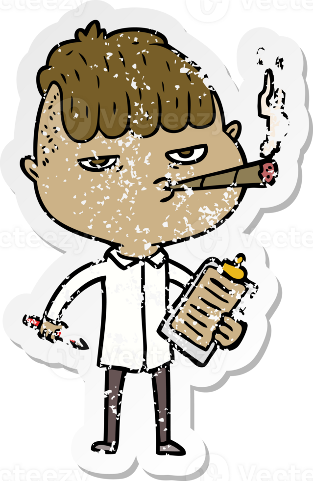 distressed sticker of a cartoon salesman smoking png