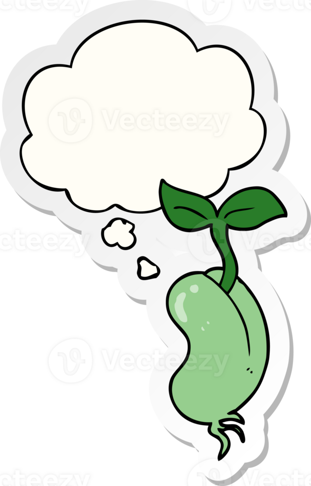 cartoon sprouting seed with thought bubble as a printed sticker png
