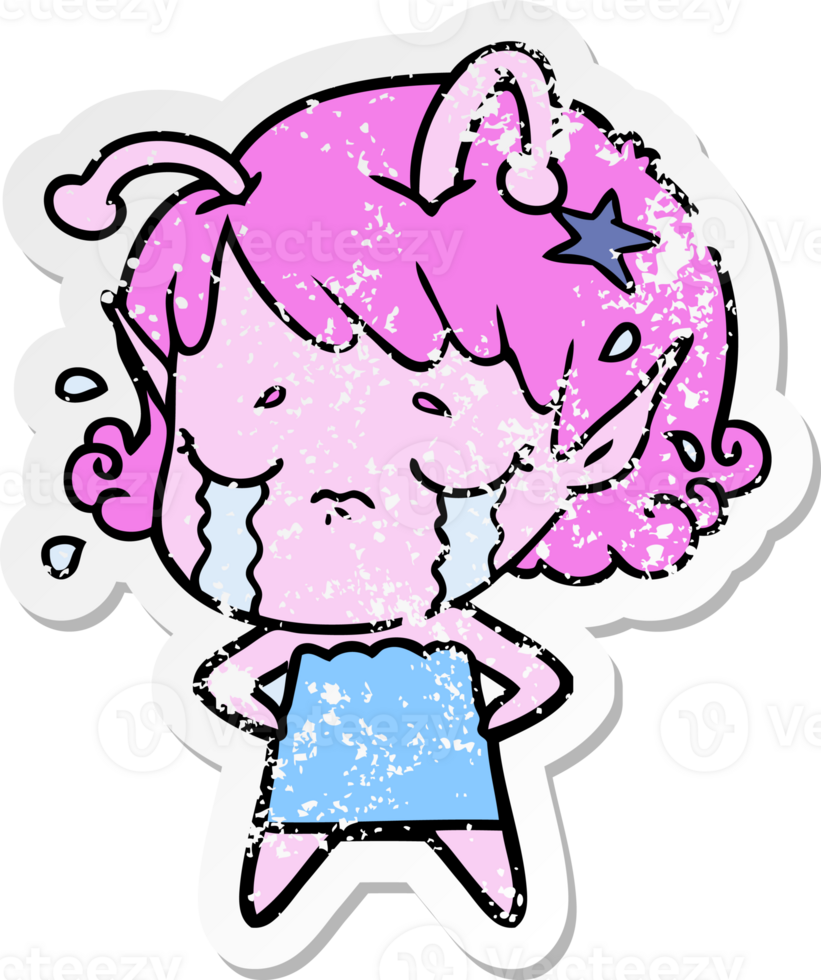 distressed sticker of a cartoon crying alien girl png