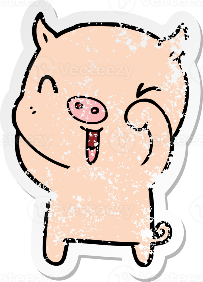 distressed sticker of a happy cartoon pig png