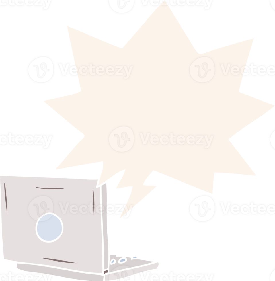 cartoon laptop computer with speech bubble in retro style png