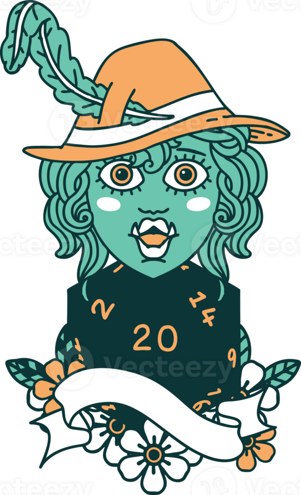 Retro Tattoo Style singing half orc bard character with natural twenty dice roll png