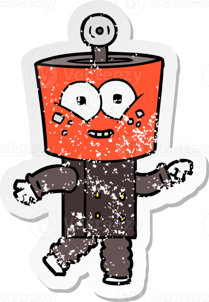 distressed sticker of a happy cartoon robot pointing png