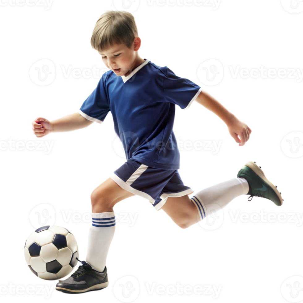 A young boy in a blue soccer uniform kicks a soccer ball png
